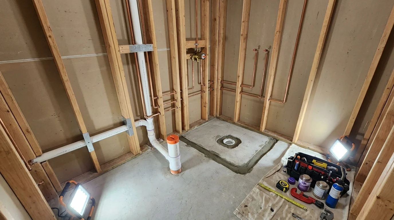 Bathroom rough-in plumbing during remodel by Johns Plumbing LLC in Crescent City