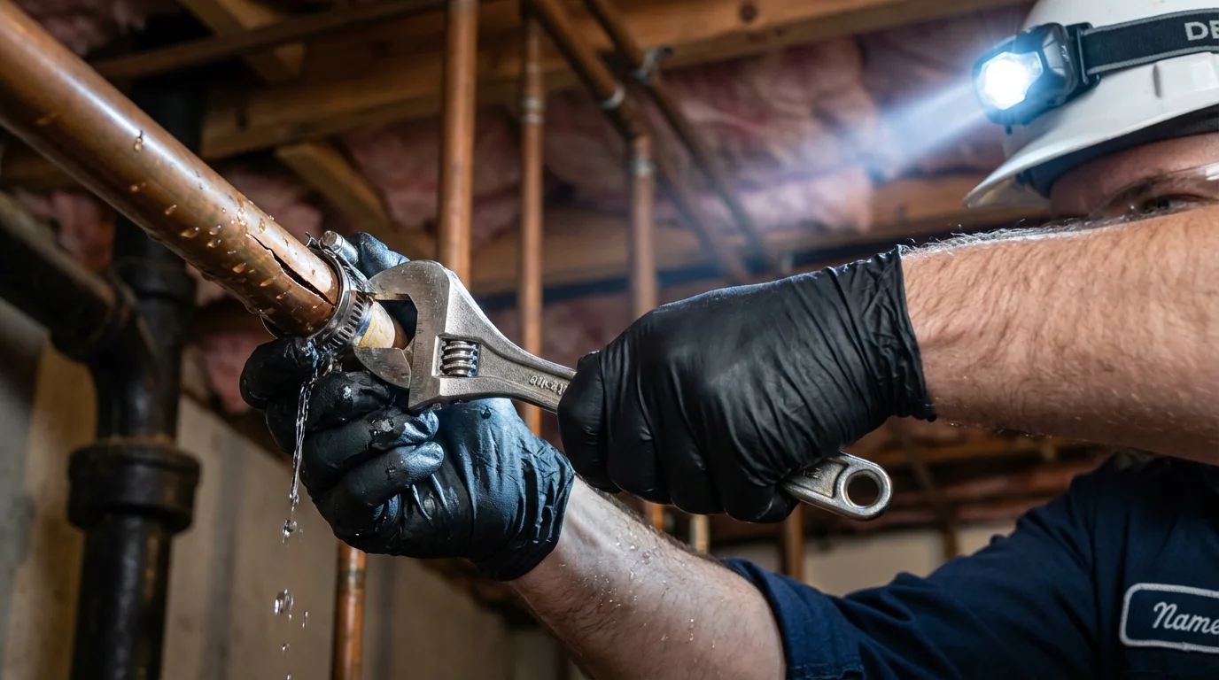 Emergency pipe clamp repair being performed by a Johns Plumbing LLC plumber in Crescent City